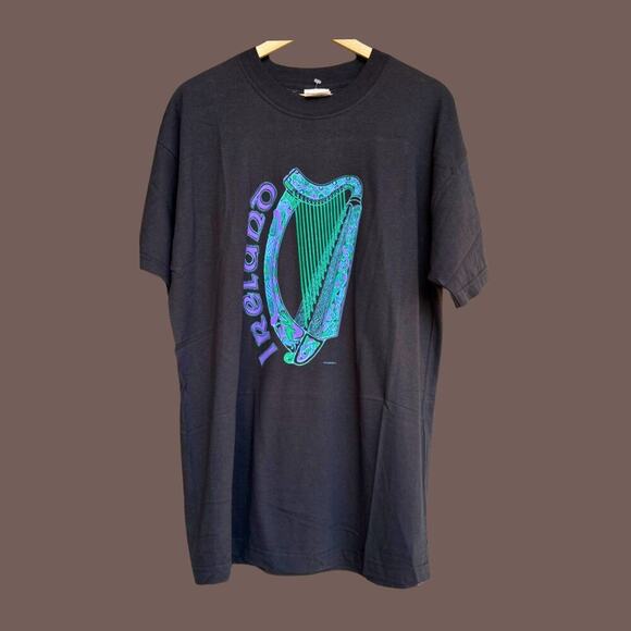 Ireland Harp Tee | Black Neon Graphic | Size L | Vintage - Picture 1 of 4
